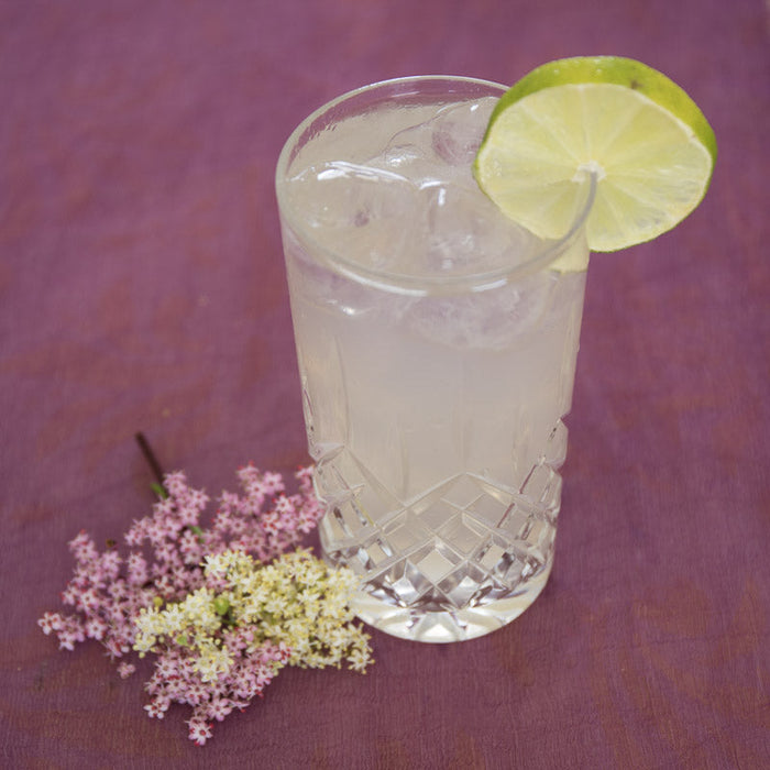 Apple and elderflower cooler cocktail made with Cardamom Spice Drops, garnished with lime.
