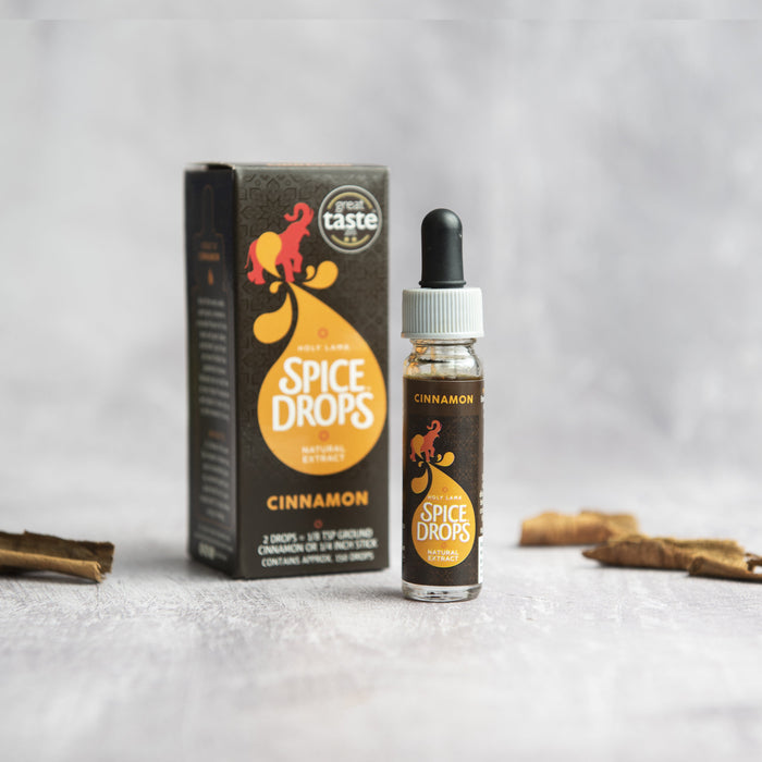 A bottle of Holy Lama Cinnamon Spice Drops natural extract.
