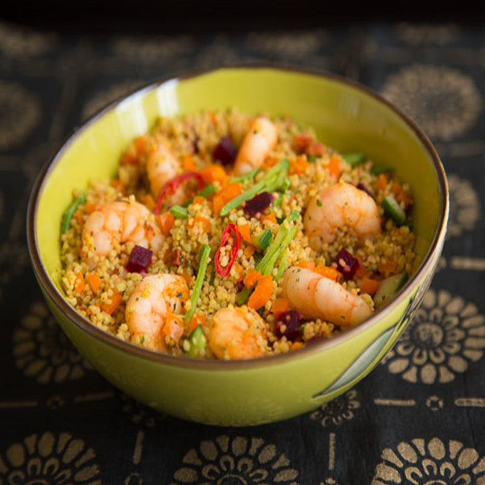 Couscous with prawns and bell peppers finished with Spice Drops