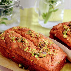 Cardamom, Ginger and Cinnamon banana bread made with Spice Drops, topped with pistachio.