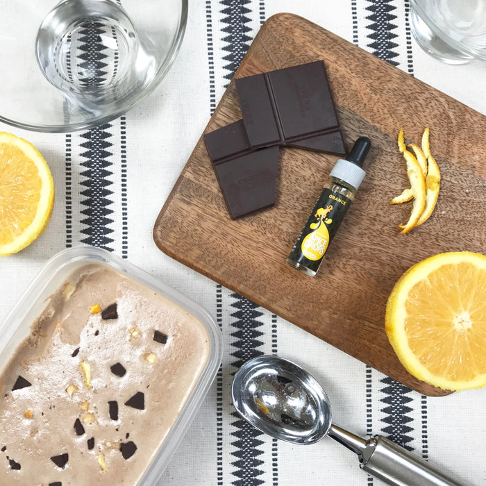 Chocolate orange ice cream made with Orange Zest Spice Drops and chocolate pieces.