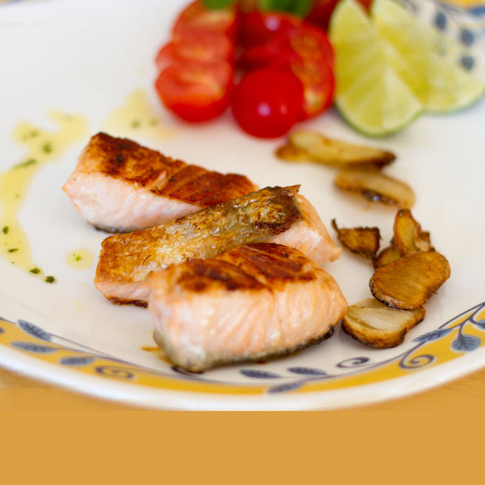 Pan fried salmon fillets marinated with Mulling Spices Spice Drops and lemon juice.