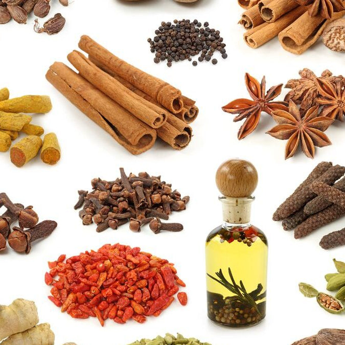 A selection of whole spices grown in Kerala, India