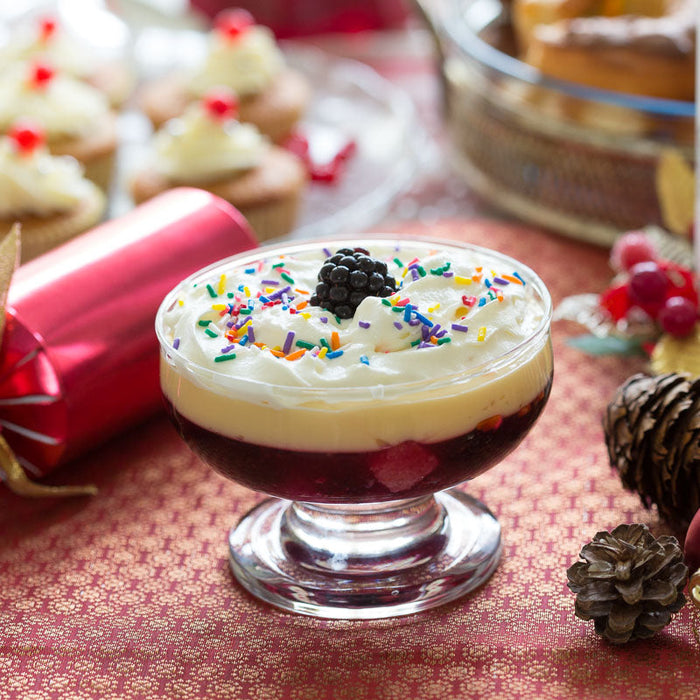 Mulled wine trifle layered with Mulling Spices and Cardamom Spice Drops.
