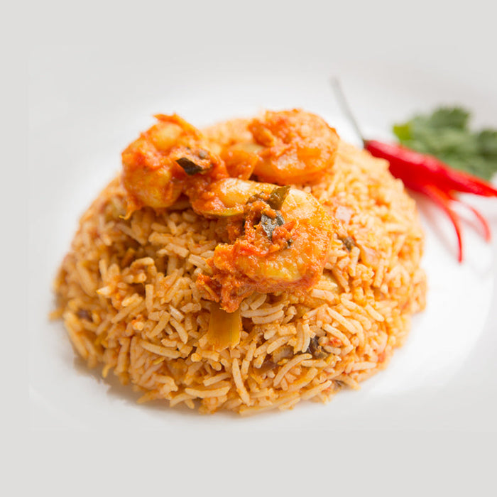 Prawn pulao rice made with Spice Drops, spiced prawns folded through fragrant rice.