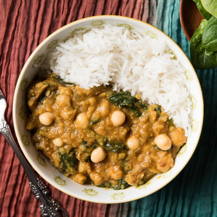 Red lentil daal with spinach, served with basmati rice.