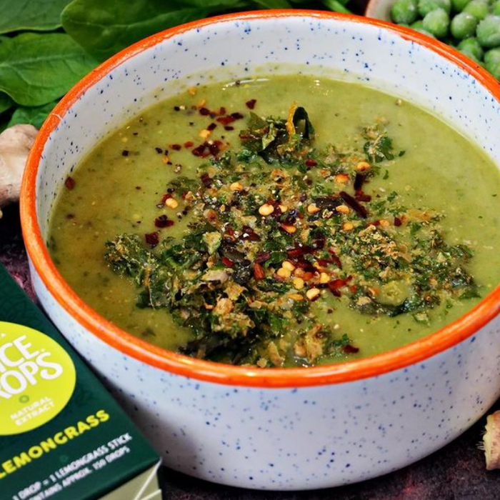 Potato and spinach soup finished with Lemongrass Spice Drops