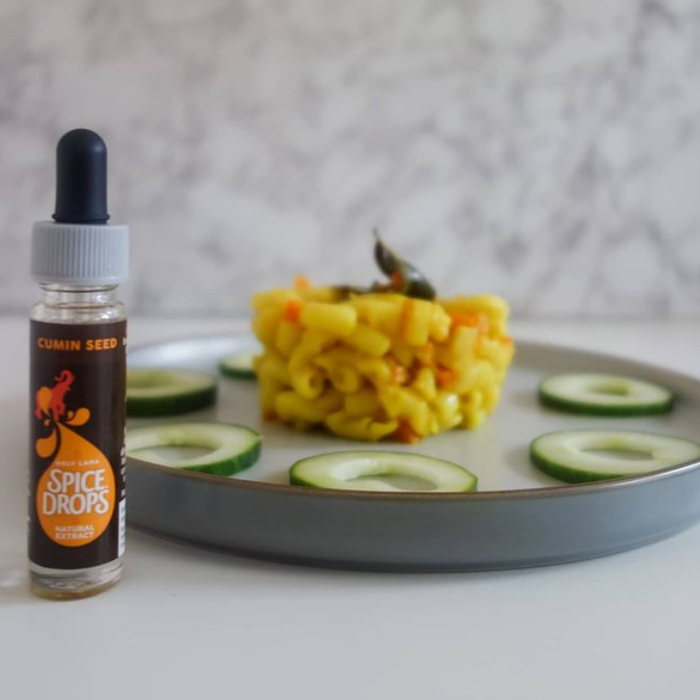 Vegan mac and cheese made with Cumin Seed Spice Drops and turmeric.