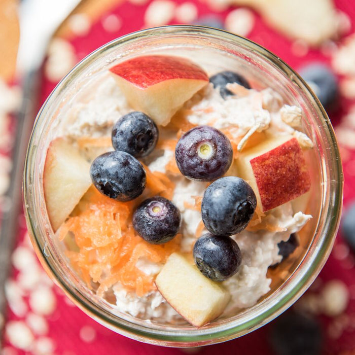 Spiced overnight oats made with Cinnamon Spice Drops and fresh apple