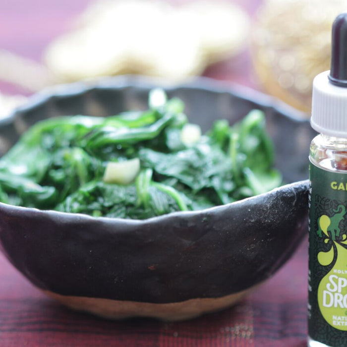 Spinach cooked with Cumin Seed, Turmeric and Garlic Spice Drops