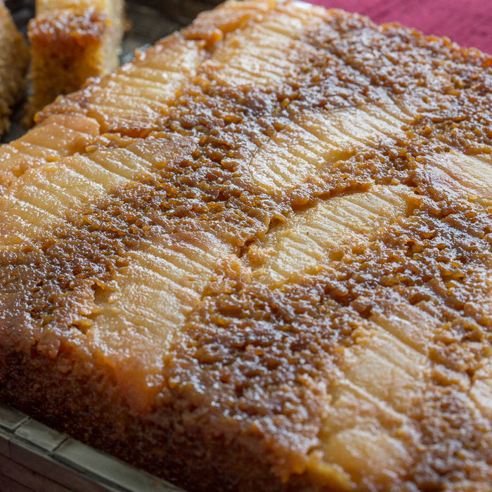 Upside down pear cake made with Spice Drops natural extract.