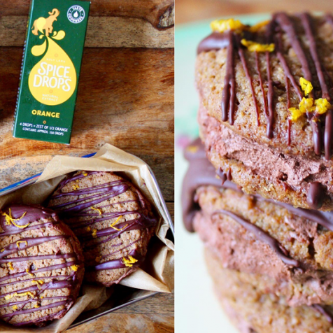 Chai spiced chocolate cookie sandwiches with orange buttercream, made using Holy Lama orange Spice Drops.