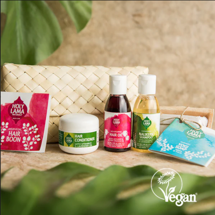 Ayurvedic hair care gift set including hair oil, shampoo and conditioner from Holy Lama Naturals.