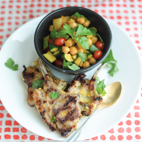 Griddled lamb chops with spiced chickpeas, marinated with Spice Drops