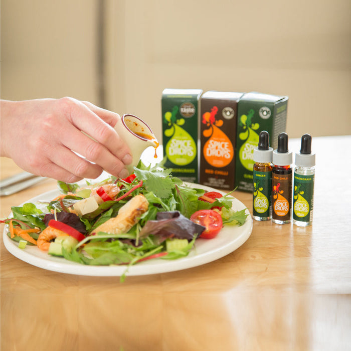Hot salad with tofu or prawns and Lemongrass, Ginger and Red Chilli Spice Drops dressing