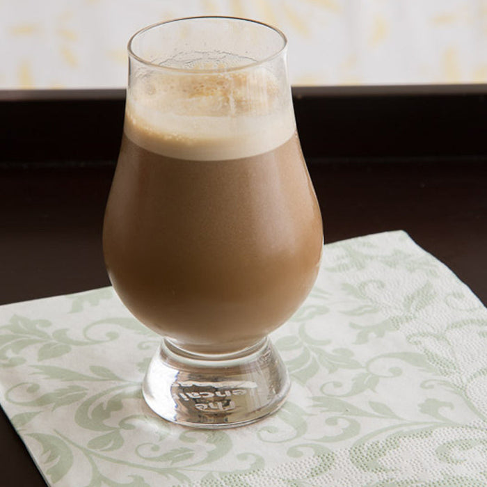 Iced coffee with Cardamom Spice Drops, blended with vanilla ice cream and milk.