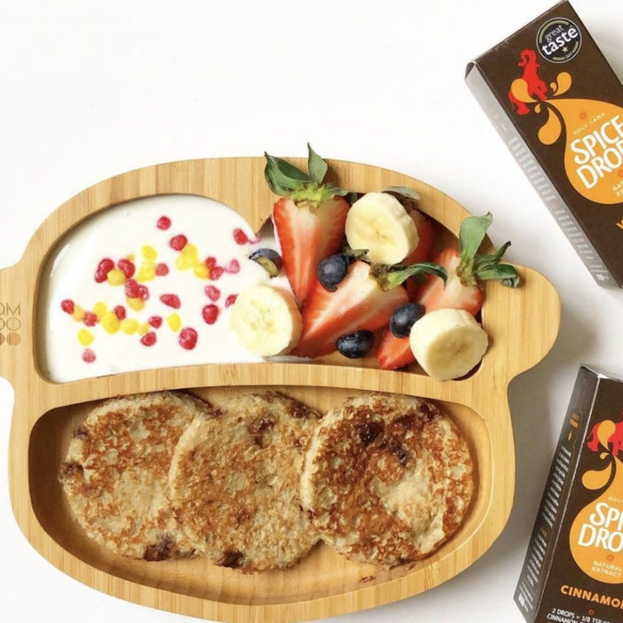Oat, banana and chocolate chip pancakes flavoured with Cinnamon and Vanilla Spice Drops.