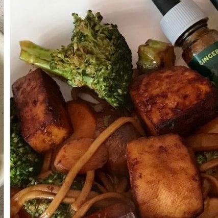 Marinated tofu stir fry with vegetables and noodles, flavoured with Spice Drops